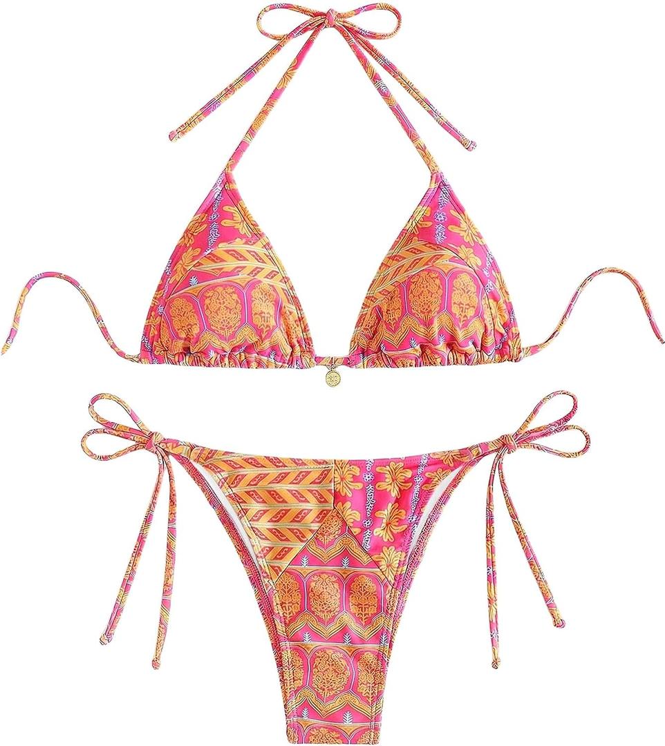 WDIRARA Women's 2 Piece Floral Print Swimsuits Geometric Halter String Triangle Bikini Set Beach Bathing Suit (Pink Yellow Multi, Extra Small)