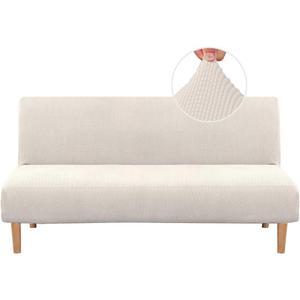 H.VERSAILTEX Armless Futon Cover Stretch Sofa Bed Slipcover Protector Elastic Feature Rich Textured High Spandex Small Checks Jacquard Fabric Futon Cover, Machine Washable, Ivory
