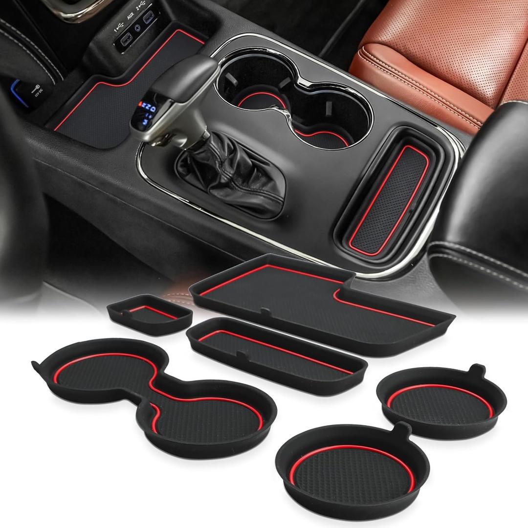 Auovo Center Console Mats Compatible with Durango Accessories 2014 2015 2016 2017 2018 2019 2020 Cup Holder Coasters Pads Car Interior Decoration(6pcs/Set, 7 Seats, Red)