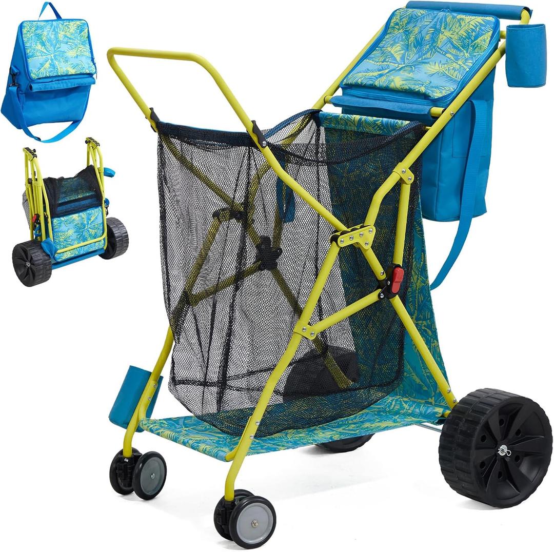 Beach Cart with Big Wheels for Sand, Collapsible All-Terrain Beach Wagon with Cooler Bag & Umbrella Holder, Large Mesh Storage, Supports 100lbs for Camping, Outdoor, Shopping, Palm Print