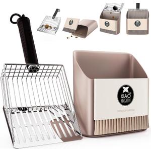 Cat Litter Scooper with Holder, Metal Litter Scoop Includes Portable Small Broom and Dustpan Set, Heavy Duty Stainless Steel Litter Scoop with Coarse and Fine Grid, Quick Sift and Easy Clean (Grey)