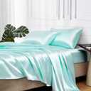 MR&HM Satin Bed Sheets, Queen Size Sheets Set, 4 Pcs Silky Bedding Set with 15 Inches Deep Pocket for Mattress (Queen, Turquoise)