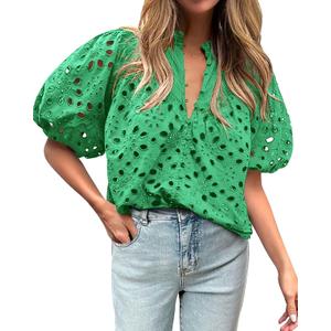 BTFBM Womens Blouses Summer Hollow Out Eyelet Embroidery Tops V Neck Buttons Puff Sleeve Boho Shirts Spring Fashion 2026, Green, M