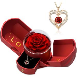 Preserved Red Rose with Heart Necklace, Eternal Real Rose, Romantic Rose Gifts for Women, Mom, Wife, Girlfriend, Mothers Day, Valentines Day, Anniversary, Birthday(Red)
