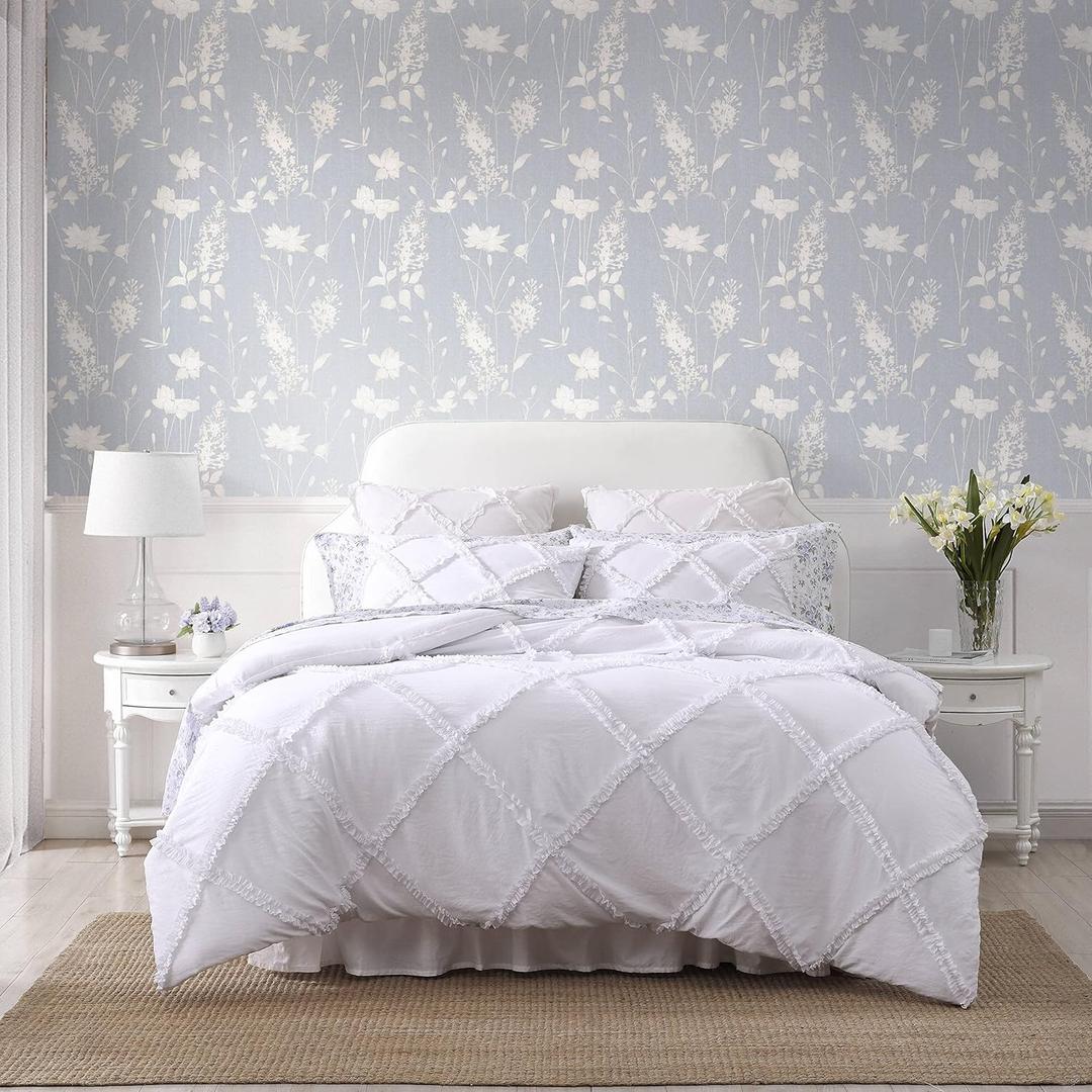 Laura Ashley - Twin XL Comforter Set, Reversible Bedding Set with Matching Sham, Dorm Essentials (Norah Solid White)