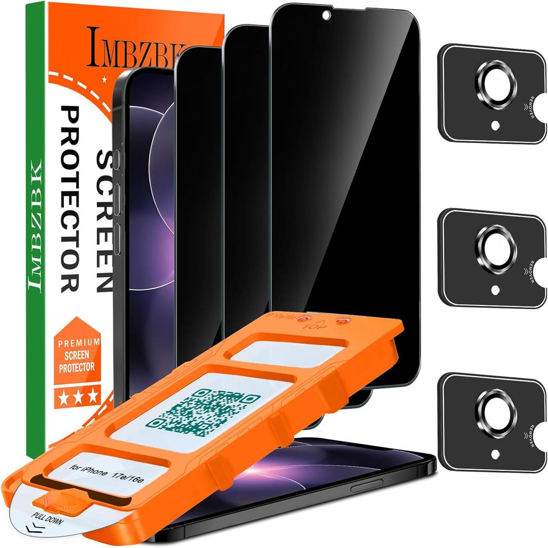 IMBZBK [Auto-Dust Removal] 3 Pack Privacy Screen Protector for iPhone 17e / iPhone 16e Anti Spy Private Accessories, Case Friendly Film, Military Grade Tempered Glass 3 Camera Lens Protector
