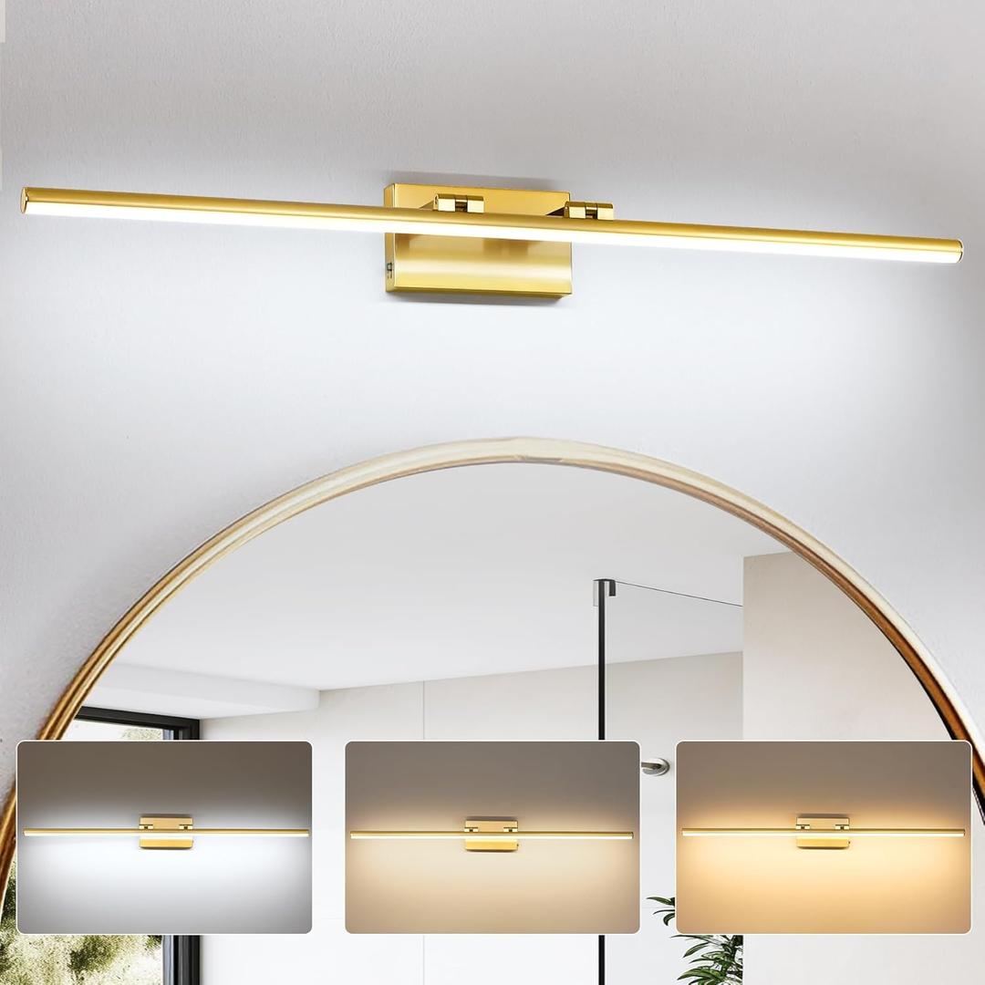 LED Bathroom Vanity Light, Modern Bathroom Light Fixture Over Mirror (3000K/4000K/6000K, Dimmable), Vanity Light Bar with Angle Adjustable, 40 Inch, Brass