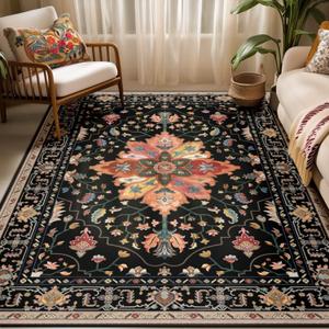 Area Rugs 5'x7' Washable Non-Slip, Floral Vintage Distress Print Pattern Medallion Carpet for Living Room Bedroom Dining Room, Black Colorful