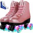 Roller Skates for Women Men Shiny PU Leather High-top Roller Skate Shoes for Beginner Classic Double-Row Roller Skates, Indoor Outdoor Roller Skates (Crystal Pink Flash Wheels, 38)