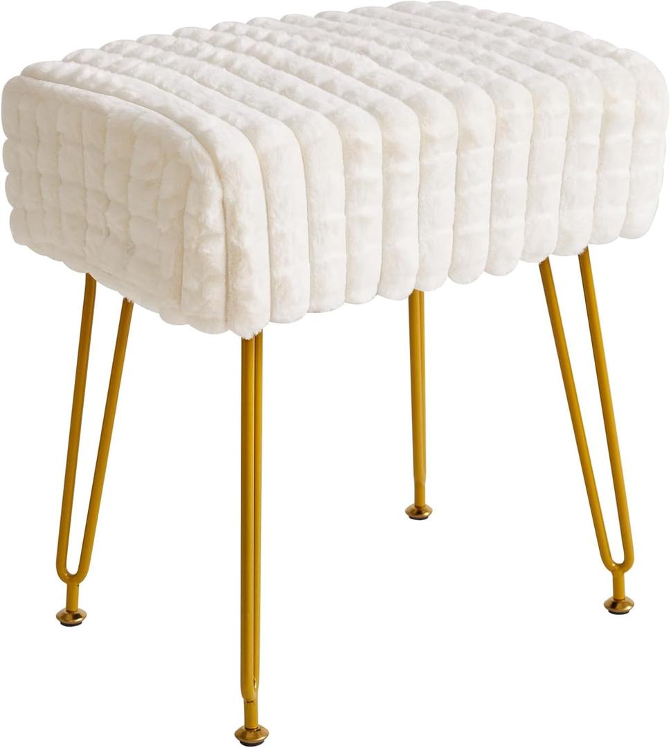 IBUYKE Rectangular Footrest Stool Ottoman, Makeup Vanity Stool Side Table, Velvet Dressing Table Seat, Footstool Chair, Golden Steel Legs, for Makeup Room, Bedroom, Square Grid Pattern, White WBD003W (without storage)