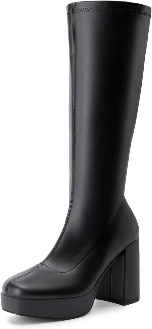 DREAM PAIRS Women's Platform Knee High Boots Chunky Block Heel Side Zipper Cute Gogo Boots (9.5, Black)