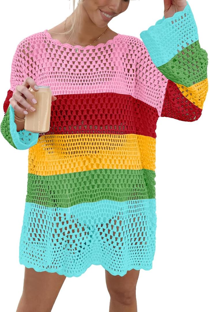 Prinbara Crochet Cover Up for Women Swimsuit Summer Bathing Suit 2025 Swim Hollow Out Bikini Swimwear Mesh Knit Beach Dress Rainbow Stripe Small