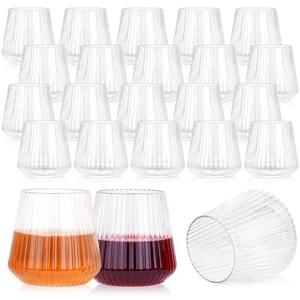 24 Pack Plastic Ribbed Wine Glasses, 14oz Stemless Disposable Wine Cups, Cute Clear Unbreakable Outdoor Cocktail Glasses, Heavy Duty Reusable Plastic Drinking Cup for Party Wedding Mimosa Bar