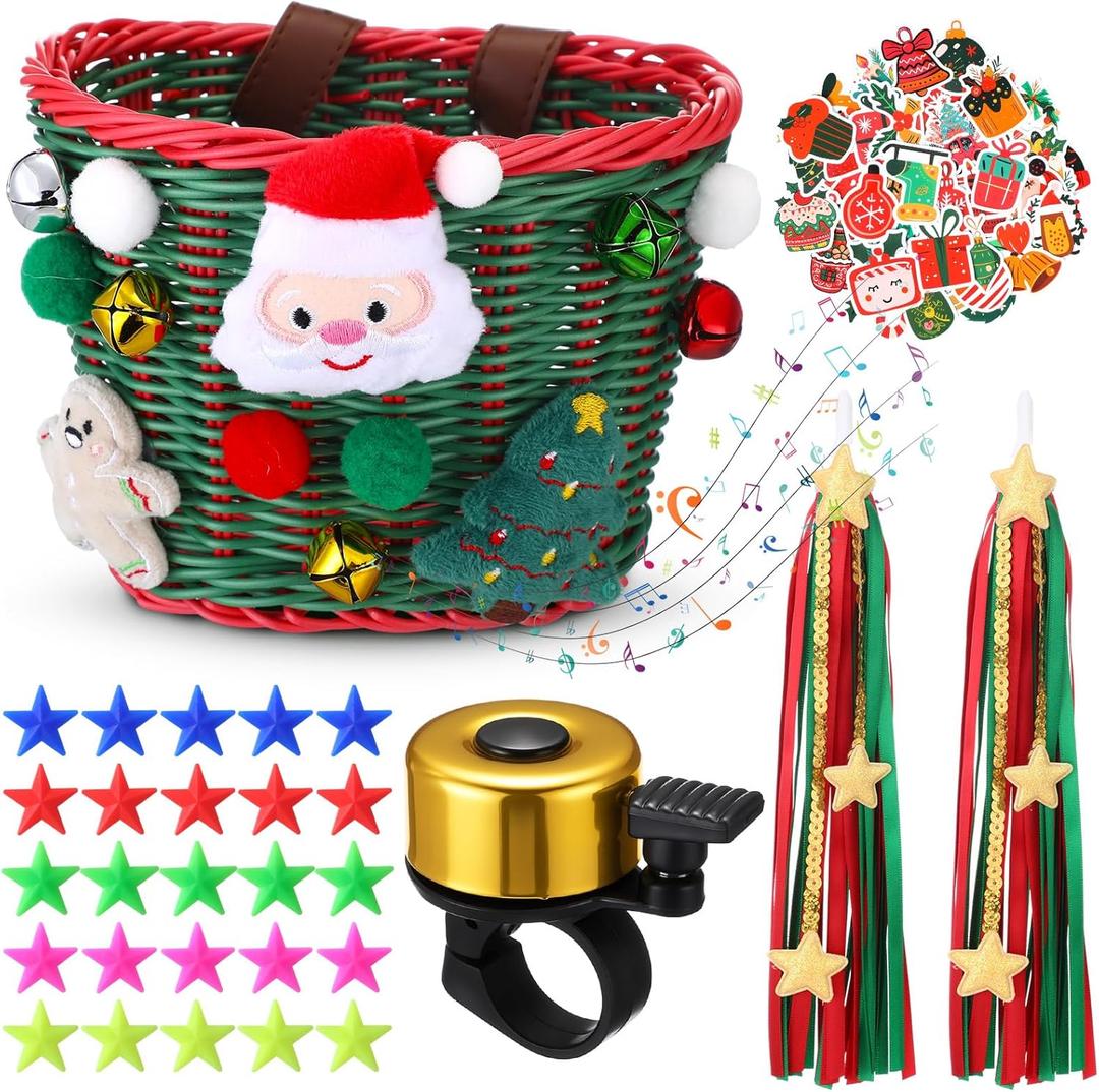 Christmas Bike Basket, Christmas Bike Basket Front Set Include Rattan Woven Bike Baskett with Bells Santa Plush Patterns, Xmas Stickers, Bike Bell, 2 Pcs Ribbons Tassels, Wheel Spoke Decoration (Green)