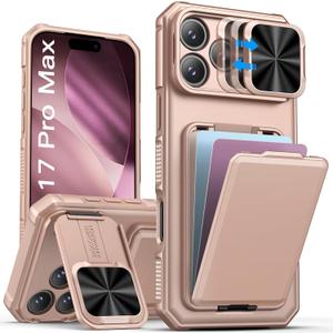 SSLOTSCASE for iPhone 17 Pro Max Case with Wallet & Sliding Lens Cover & Kickstand & Credit Card Holder & Camera Stand, Military-Grade Protection Phone Case Cover for iPhone 17 Pro Max 2025, Rose Gold