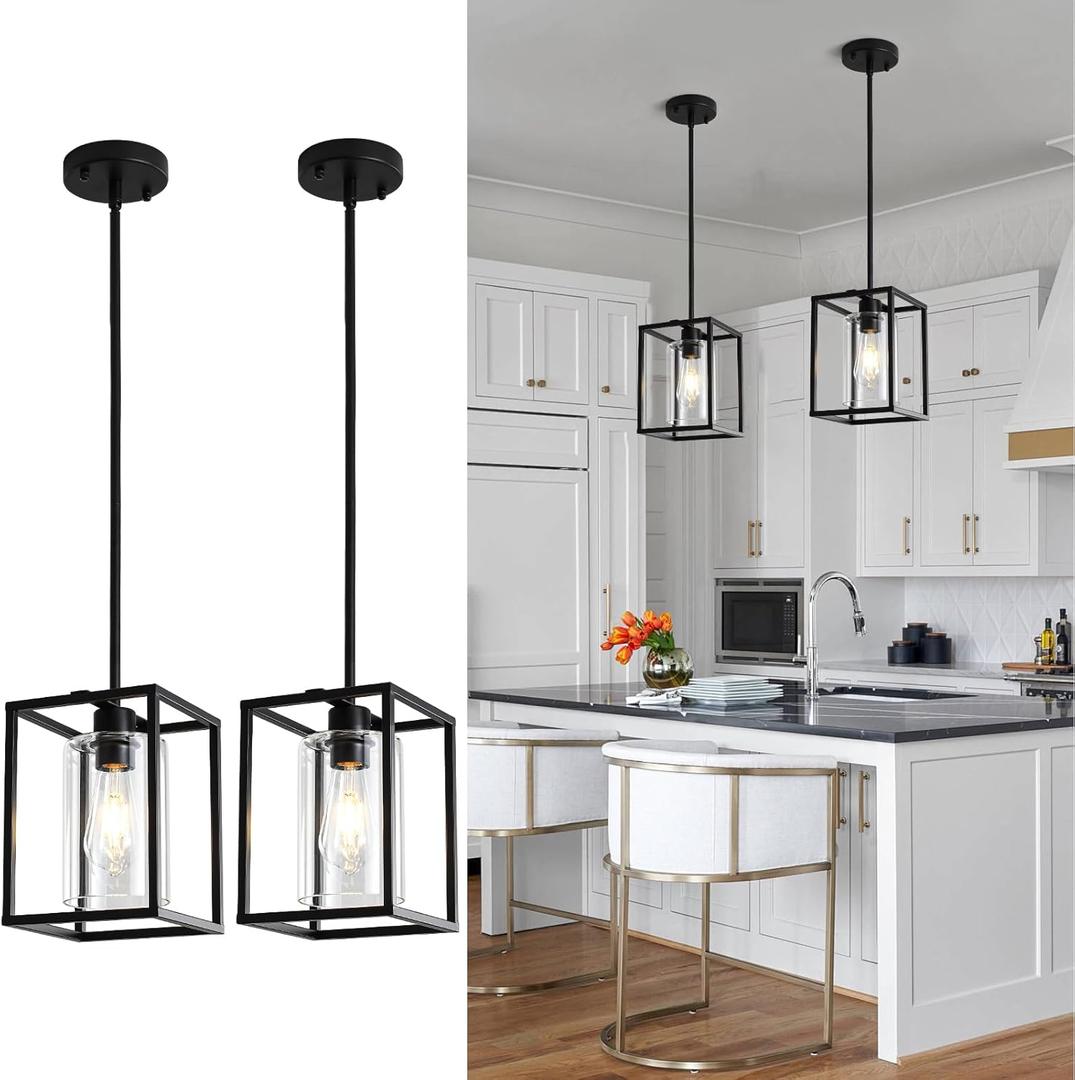2 Pack Black Pendant Lights for Kitchen Island, 1 Light Farmhouse Lantern Pendant Light Fixtures Iron Cage Hanging Light Fixtures with Clear Glass Shade for Dining Room Entryway Hallway Porch