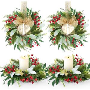 4 Pcs Christmas Lambs Ear Candle Rings 3 Inch Artificial Lambs Ear Wreaths with Red Berries Mini Xmas Wreaths Candle Ring Holder for Christmas Decorations Table Front Door Indoor Centerpiece