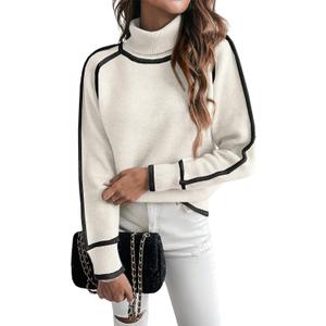 EVALESS Fall Sweaters for Women Trendy 2025 Cute Cozy Turtleneck Long Sleeve Colorblock Knitted Pullover Tops (Small, White)