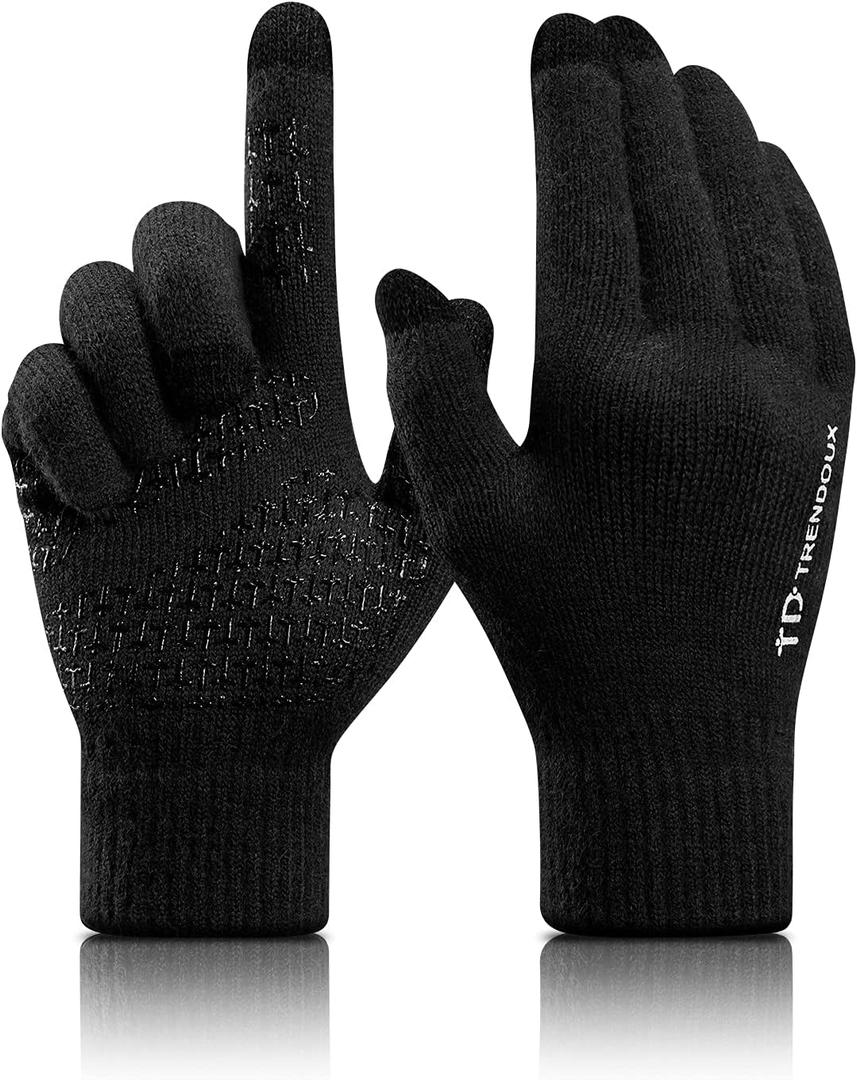TRENDOUX Winter Gloves For Men Women, Cold Weather Warm Touchscreen Glove Unisex, Non-slip, Elastic Cuff, Knit Stretchy (Large, Black)