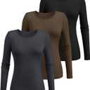 Ficerd 3 Pack Women's Ribbed Long Sleeve Tops, Crew Neck Slim Fit Undershirts Knit Basic Casual Stretch Layering Tee Shirts (Large, Black, Dark Gray, Coffee)