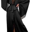 ChiaoLezhee Silk Long Robe For Women, Satin Lace-Trim, Bride Wedding-Night, Bridal Bridesmaid Kimono Robes Lightweight, Black, S