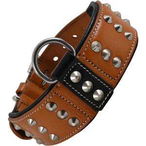 Premium Leather Studded Collar for Medium Dogs | Brazier Rivet | 2 Inch Wide Brown Dog Collar | Saddle Grade, Heavy Duty, Cushion Padding | (M (Fit Neck Size 14.5"-18.5"), Brown) (Tan)
