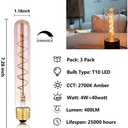 Dimmable 4W Tube LED Eison Bulb, T10 Vintage Long LED Bulb 40 Watt Equivalent Warm White 2700K, E26 Medium Base Amber Colored 7.3 Inch Long tubular edison bulb, 3 Pack