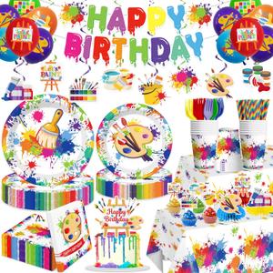 200pcs Paint Party Decorations for Kids and Art Lovers, Convenient Disposable Paper Tableware Set Includes 300gsm Plates and 2 PE Plastic Tablecloths for Paint Party and Celebration