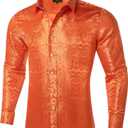 DiBanGu Silk Mens Dress Shirts,Woven Paisley Long Sleeve Button Down Shirt for Men Casual Regular Fit Shirts Wedding Party (Orange, XL)