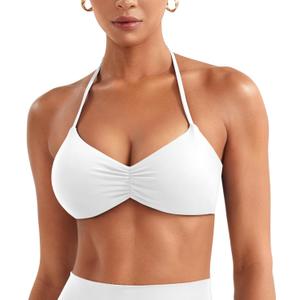 YEOREO Halter Sports Bras for Women Adjustable Strappy Open Back Impact Removable Pads Deep V Bra Workout Gym Yoga Crop Top (Medium, White)