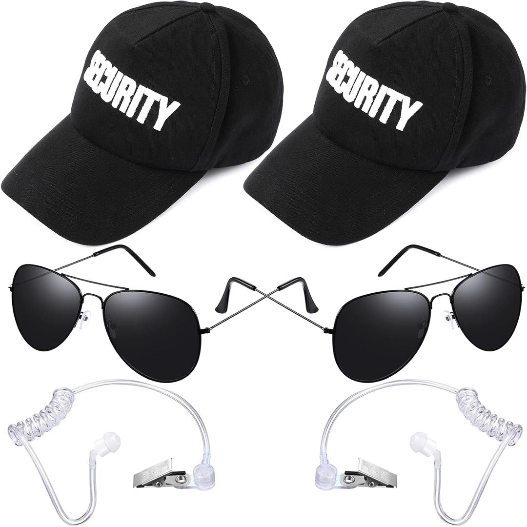 6 Pcs Playing Cosplay Toy Secret Service Dress up Includes Earplugs Acoustic Tube Headset Sunglasses and Black Security Hat for Teens Boys Playing Cosplay Costume Party Accessory Kit (Black)