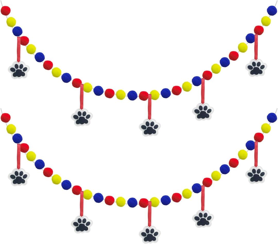 Paw Birthday Banner Decorations, 2 Pack Red Yellow and Blue Pom Poms with 3D Felt Paw Hangings Dog Birthday Party Supplies Photo Booth Props Backdrop Garland, Indoor Outdoor Table Wall Decor for Kids
