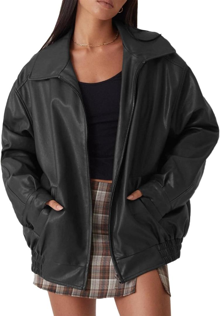 Womens Oversized Faux Leather Motocycle Jacket Zip Up Outwear Coat with Pockets (Black, L)