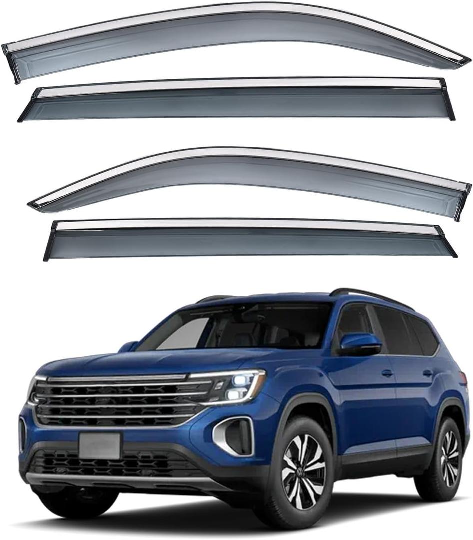 Vesul Tape on Polycarbonate Rain Guards Window Visors Compatible with VW Volkswagen Atlas Cross Sport 2020 2021 2023 2024 2025 Window Wind Deflector Shield Cover with 304 Stainless Steel Trim