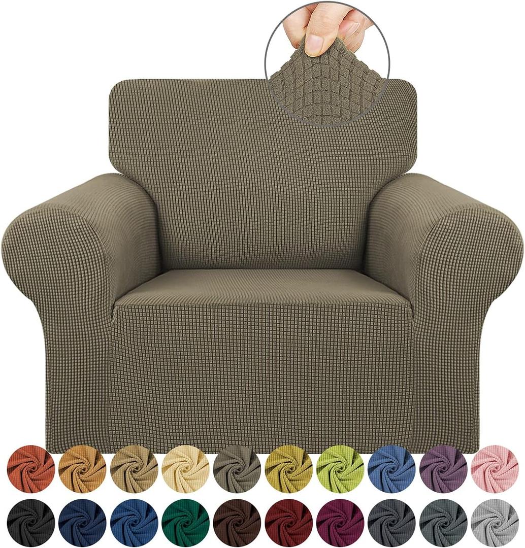 KEKUOU Stretch Single Sofa Slipcover 1 Piece Couch Sofa Cover (31"-55") Furniture Protector 1 Seater Sofa with Elastic Bottom for Kids,Pet.Jacquard Small Checked Pattern Fabric(Small,Khaki)