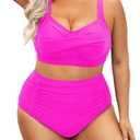 Daci Women's Plus Size Bikini Sets - High Waisted Two-Piece Swimsuits with Tummy Control, Pink 18W