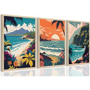 YUFEIART 3 Piece Framed Hawaii Travel Wall Art Retro Exotic Tropical Canvas Art Tropical Beach Landscape Pictures Wall Decor Ocean Sunset Art Prints for Living Room Bedroom 12"x16"