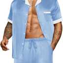 Ekouaer Men Satin Silk Pajamas Set with Pockets Sleepwear Shorts Satin Summer Loungewear 2 Piece Button Down Set 2XL