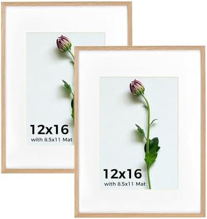 Atryinous 12x16 Frame Set of 2, Solid Oak Wood 12 x 16 Picture Frames with Plexiglass Display Poster 8.5x11 with mat or 12x16 without matte Wall Hanging Collage frame Wall Decor