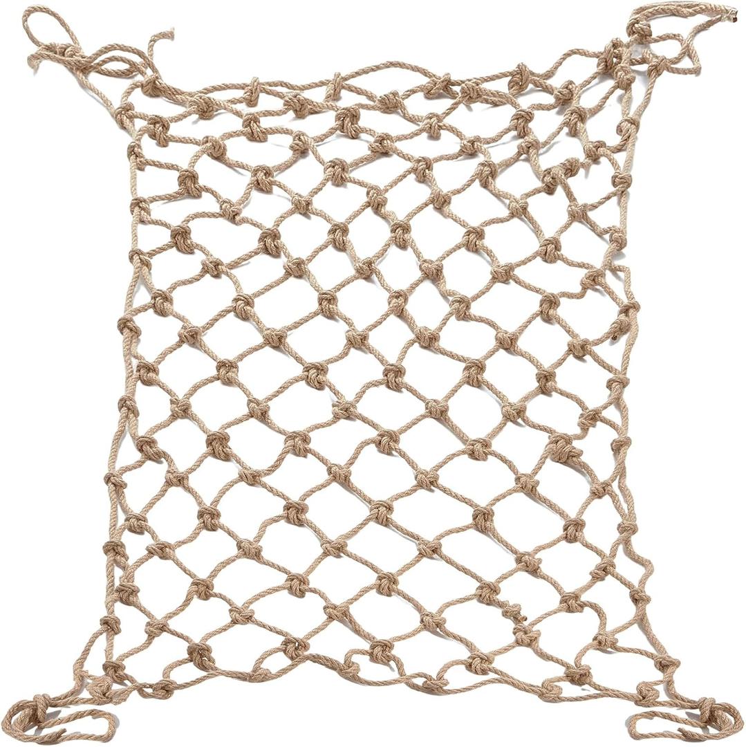 Hemp Rope Net (4ft x 12ft) Heavy Duty Natural Jute Rope Climbing Safety Netting for Balcony Stairs, Fence, Garden, Playground Protection & Indoor/Outdoor Decor