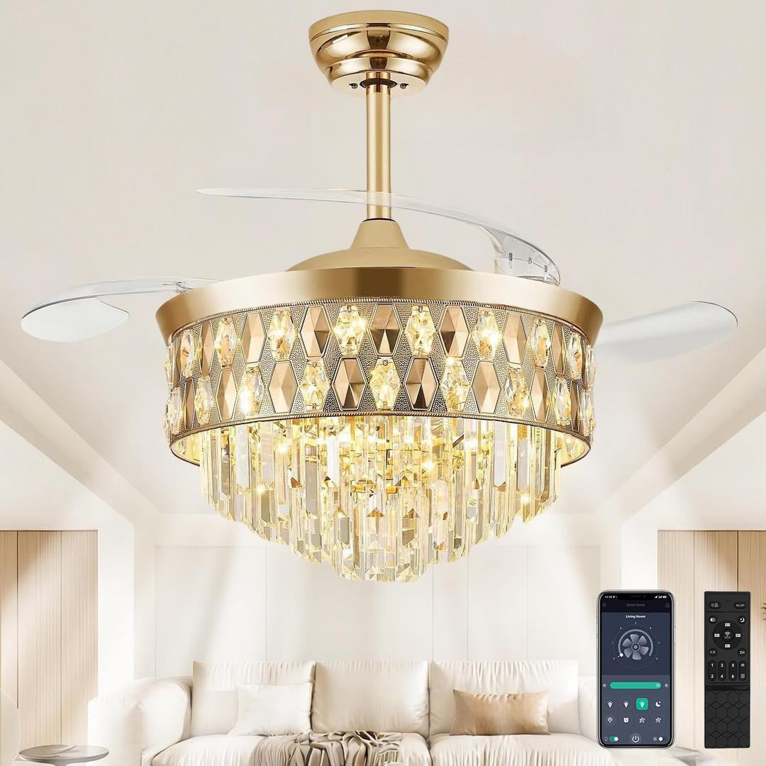 42" Fandelier Ceiling Fan with Light, Chandelier Ceiling Fans with Lights, Retractable Crystal Ceiling Fan for Bedroom Living Room,6 Wind Speed,3 Color Tempeature-9052 Gold 42" Fandelier Ceiling Fan with Light, Chandelier Ceiling Fans with Lights, Retractable Crystal Ceiling Fan for Bedroom Living Room,6 Wind Speed,3 Color Tempeature-9052 Gold