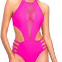 Tempt Me Women One Piece Sexy Mesh Swimsuit High Neck Halter Cutout Monokini Swimwear, M Size, Pink