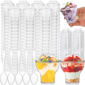 100 Pack 2.5 OZ Plastic Dessert Cups with Lids, Mini Parfait Appetizer Cups, Clear Dessert Shooter Cups with Spoons, Individual Ice Cream Pudding Cup for Jelly, Yogurt, Trifle, Fruit