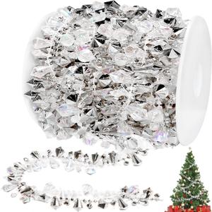 Jishi 16ft Christmas Garland Christmas Tree Silver Bead Decor, Clear Iridescent Silver Bead Garland Twist Bead String for Christmas Tree Decoration, Rustic Crystal Garland Ornaments Home Decorations