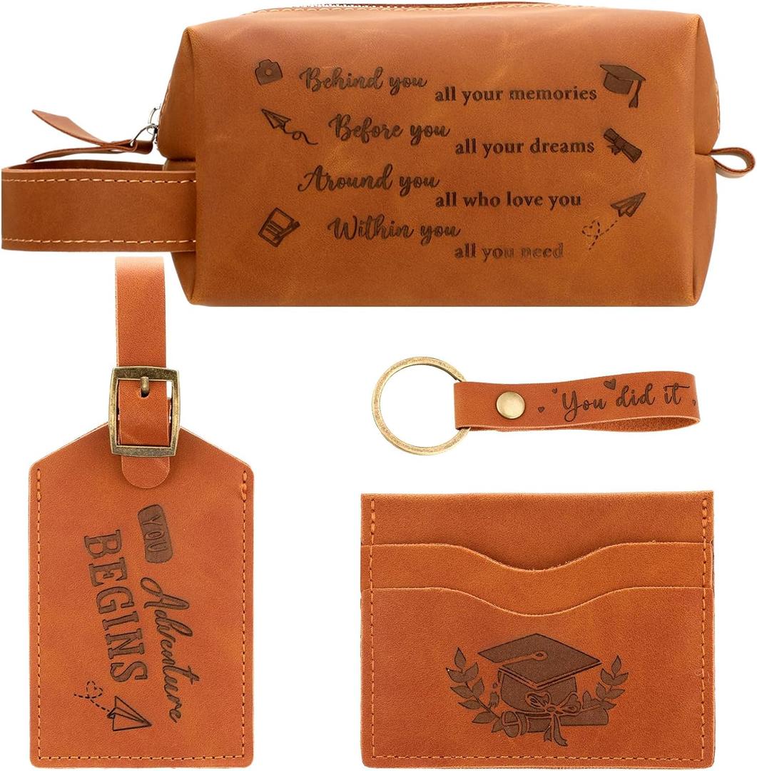 Yungyan 2026 Graduation Gifts 4 Pcs Leather Toiletry Bag Set with Keychain Luggage Tags Card Holder High School College Graduation Gift for Women Men
