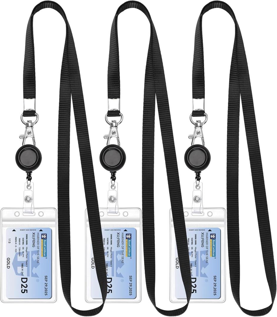 Teskyer 3 Pack Retractable Lanyards for ID Badges, Thick Clear Plastic ID Badge Holder with Lanyard and Badge Reel Clip for Name Work Cards, Cruise Ship Cards - Black