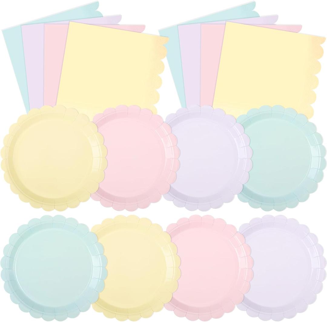 120 Pcs Pastel Paper Plates and Napkins Pastel Rainbow Party Supplies Bulk Disposable 7 Inch Scalloped Plates Cocktail Napkins for Colored Easter Wedding Bridal Baby Shower Birthday, Serve 60