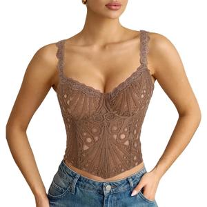 LEACOOLKEY Lace Corset Top for Women Sexy Sheer Floral Bustier Going Out Lace-up Bralette Club Party Concert Crop Top (Large, Brown)