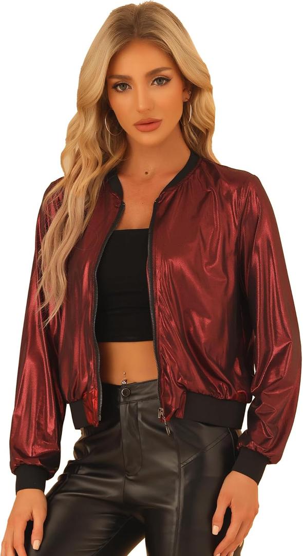 Allegra K Women's Halloween Jacket Sparkly Crew Neck Long Sleeve Holographic Lightweight 90S Shiny Metallic Bomber Jackets X-Large Red (L)