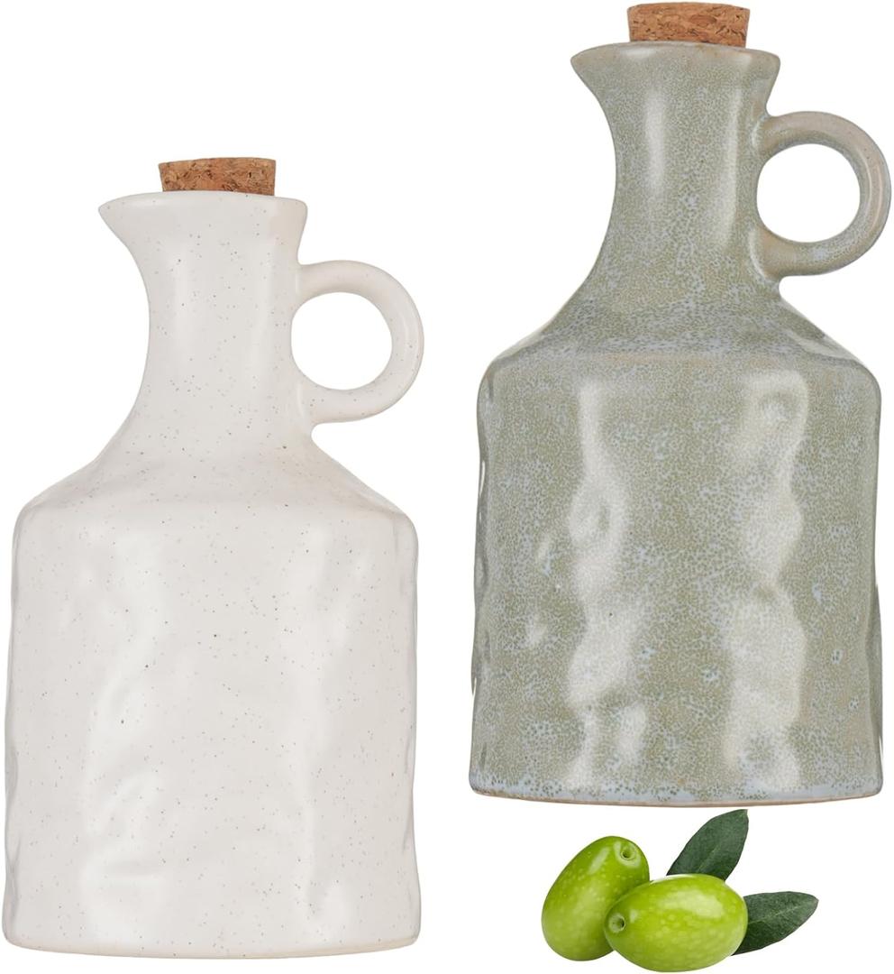 2 Pack 13.5 Oz Ceramic Olive Oil Dispenser with Cork Stopper, Olive Oil Dispenser Bottle with Handle & Wooden Stopper Ceramic Oil Cruet for Kitchen Cooking Oil Vinegar Wine Soy Sauce